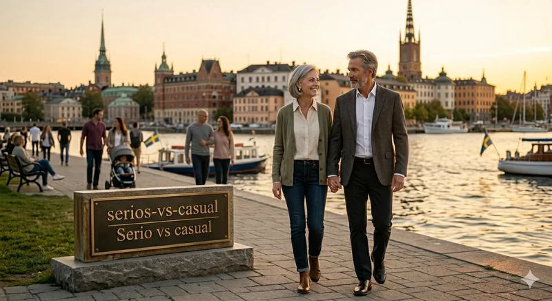 Mature couple walking by Stockholm waterfront