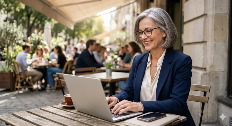 Elegant woman using laptop at cafe
