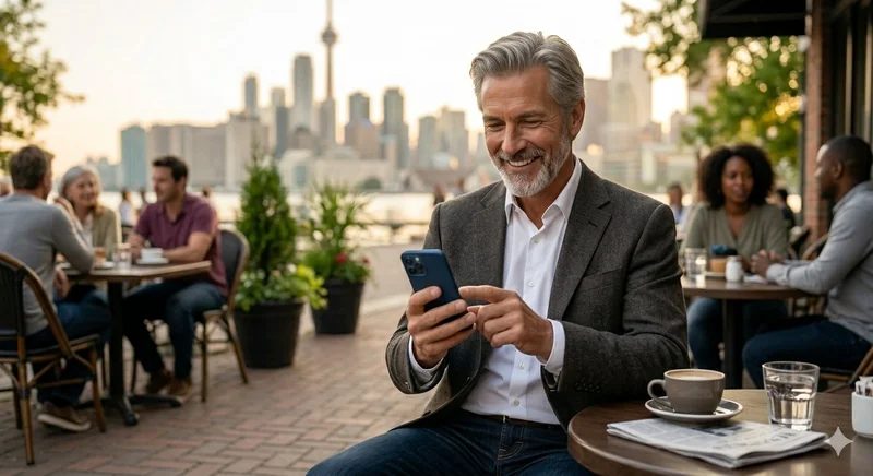 Confident man using dating app at cafe