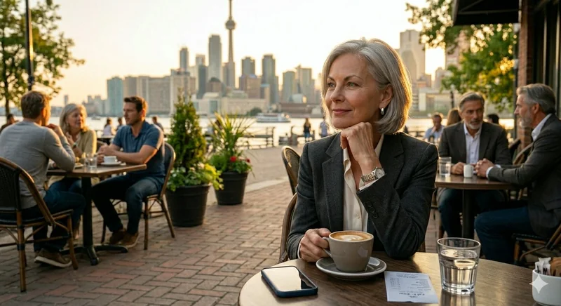 Confident woman at outdoor cafe