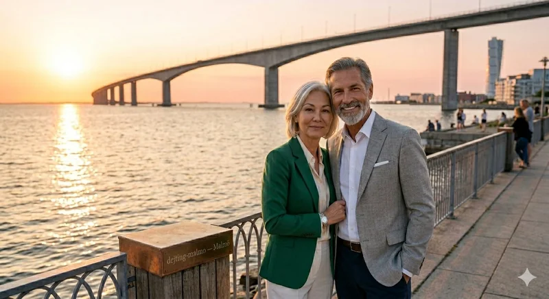 Mature couple at Malmo with Oresund Bridge