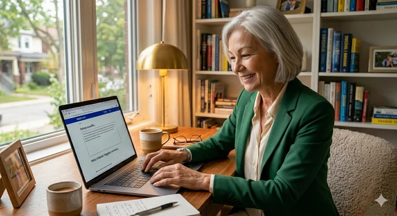 Woman writing dating profile on laptop